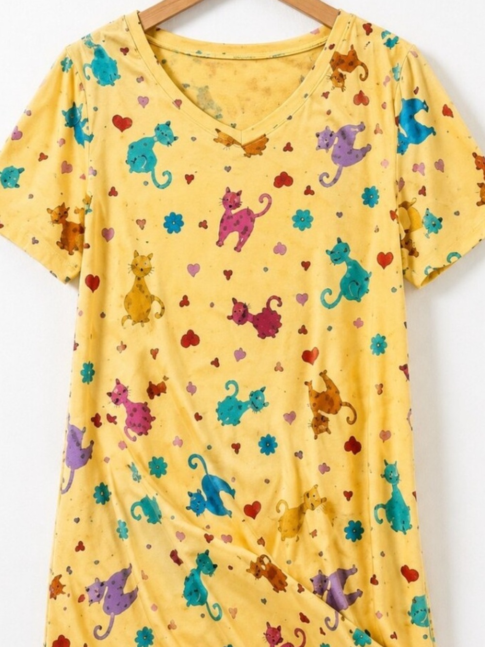 Women's Yellow V-Neck Sleep Dress with Colorful Cat Print 3-4X